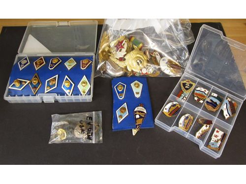 Antiques - Miscellaneous, EUROPE. One box with 126 items, pins, medals and badges, mostly Russia and Ukraine 1900s, mixed quality.