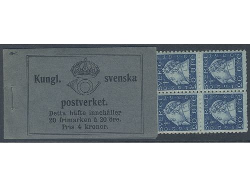 Sweden. Booklet Facit H13 R, 1920 Gustav II Adolf 20 × 20 öre blue. Very nice ex. SEK&nbsp;3600