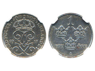Coins, Sweden. Gustav V, MIS II.1, 1 öre 1917. Graded by NGC as MS63. 01/0.
