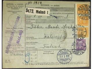 Sweden. Facit 168, 179A cover , 20 öre + 3x1 kr on address card for parcel sent from …