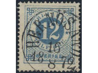 Sweden. Facit 21f used, 12 öre greenish blue on yellowish paper. Superb cancellation …