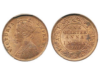 Coins, India. Queen Victoria (1837-1901), KM 486, 1/4 anna 1901. Calcutta mint. Graded …
