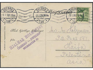 Sweden. Facit 143A on cover, 5 öre on printed matter card sent from ÖREBRO 1 LBR 9.1.28 …