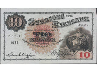 Banknotes, Sweden. SF R5:19, 10 kronor 1936. F.025912. Crisp note, minor edge cut in …