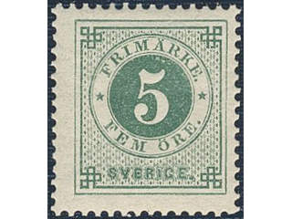 Sweden. Facit 43d ★★ , 5 öre dark green on yellowish paper. Very fine. SEK 1500