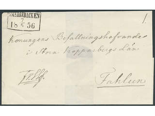 Sweden. W county. SMEDJEBACKEN 7.5.1856, rectangular postmark. Type 3 on cover sent …