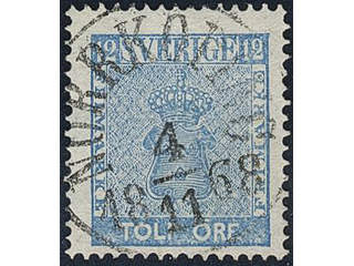 Sweden. Facit 9d3 used , 12 öre light blue, perforation of 1865. EXCELLENT cancellation …