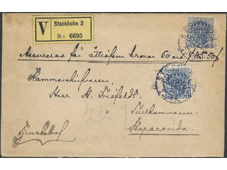 Sweden. Official Facit Tj50 , 2x20 öre on insured cover sent from STOCKHOLM 9.10.14 to …