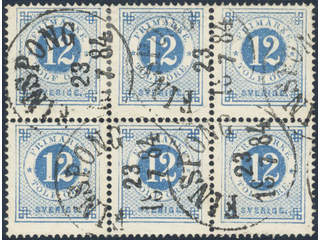 Sweden. Facit 32 used, 12 öre in block of six cancelled FINSPONG 23.7.1884.