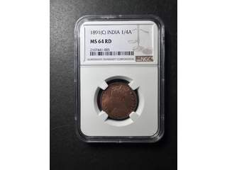 Indien Queen Victoria (1837-1901) 1/4 anna 1891 Calcutta, UNC, NGC MS64RD