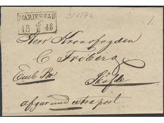 Sweden. R county. MARIESTAD 16.6.1848, general mail. Cover with notation "afgår med …