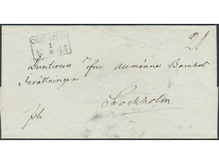 Sweden. K county. CARLSKRONA 1.8.1844, rectangular postmark. Type 3 on beautiful cover …