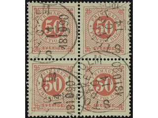 Sweden. Facit 48 used , 50 öre red in block of four. Cancelled STOCKHOLM PAKET C …