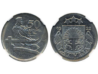 Coins, Latvia. KM 6, 50 santimi 1922. Graded by NGC as MS63. XF-UNC.