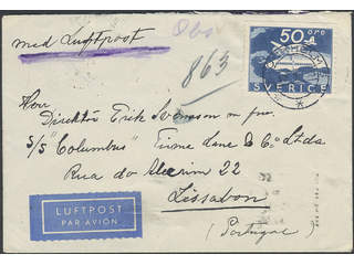 Sweden. Facit 258 cover , 1936 Bromma 50 öre blue, single usage, on air mail cover sent …
