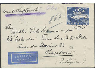 Sweden. Facit 258 cover, 1936 Bromma 50 öre blue, single usage, on air mail cover sent …