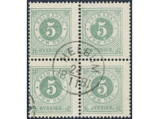 Sweden. Facit 30 used , 5 öre in block of four cancelled HELGUM 24.11.1881.