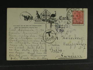 Sweden. Incoming stamped mail. Australia. Insufficiently prepaid postcard due to divided …