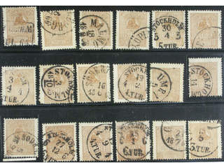 Sweden. Facit 14B used , 3 öre brown, type II, eighteen used copies. Shades, varieties, …