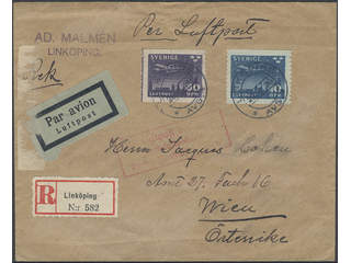 Sweden. Facit 231, 232 cover, 10+50 öre on registered air mail cover sent from LINKÖPING …
