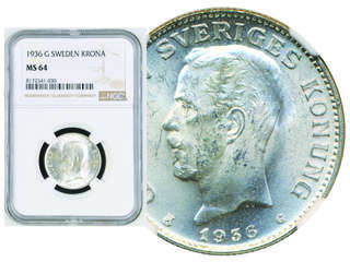 Coins, Sweden. Gustav V, MIS I.22, 1 krona 1936. Graded by NGC as MS64. SM 55. 01/0.