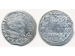 Coins, Poland. Sigismund III Vasa, 3 groschen 1595. Riga mint. 2.55 g. Edge clip. XF.