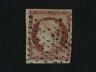 France. Michel 7a used, 1849 Ceres Head 1 fr carmine. Near cut in lower right corner. …