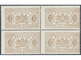 Sweden. Official Facit Tj1c ★★/★, 3 öre grey-brown, perf 14 in block of four. Two stamps …