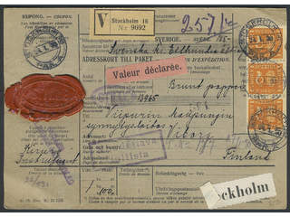 Sweden. Facit 168 cover , 3x1 kr on address card for insured parcel sent from STOCKHOLM …