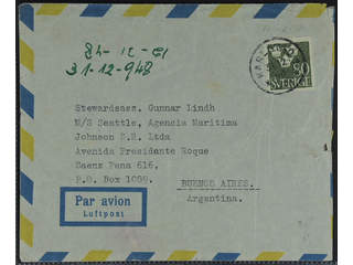 Sweden. Facit 290 cover , 90 öre on air mail cover sent from KARLSTAD 31.12.48 to …