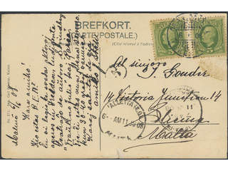 Sweden. Facit 52 on cover, 2x5 öre on postcard sent from MALMÖ 1 6.6.08 to Malta. …