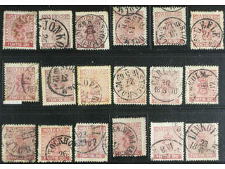 Sweden. Facit 12 used , 50 öre red, eighteen used copies. Shades, varieties, …
