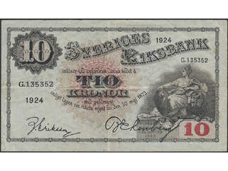 Banknotes, Sweden. SF R5:7, 10 kronor 1924. G,135352. 1/1+.