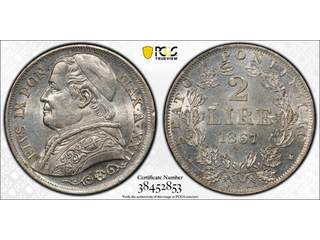 Italy Papal States Pius IX (1846-1878) 2 lire 1867, UNC, PCGS MS63