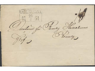 Sweden. K county. CARLSKRONA 25.2.1851, rectangular postmark. Type 6 on cover sent to …