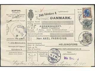 Denmark. Facit 166, 155, 161 cover, 50 øre + 1+2 kr on address card for parcel sent from …