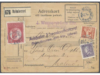 Sweden. Facit 209, 142A, 175A cover , 5+15 öre + 2 kr on address card for parcel sent …