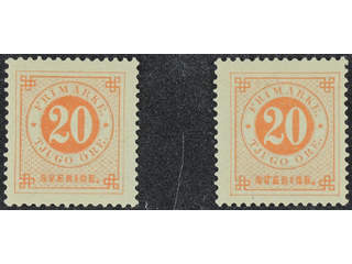 Sweden. Facit 46 ★ , 20 öre red, two unused copies. Both with small thin spots. SEK 2000