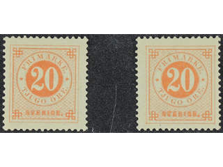 Sweden. Facit 46 ★ , 20 öre red, two unused copies. Both with small thin spots. SEK 2000