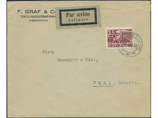 Sweden. Facit 244 cover , 35 öre, single usage, on air mail cover sent from LAGMANSHOLM …