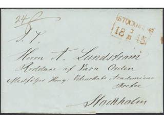 Sweden. A county. STOCKHOLM 3.11.1845, rectangular postmark. Red arrival cancellation on …
