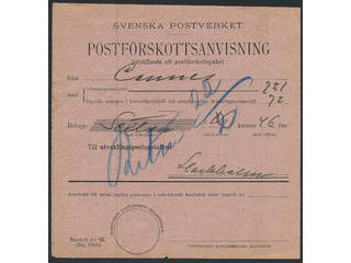 Sweden. Postal document. Blankett n:r 85 (Maj 1894), Cash on delivery order concerning a …