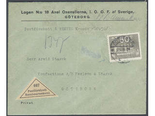 Sweden. Facit 205 cover , 50 öre grey. 50 öre on local cash on delivery cover cancelled …