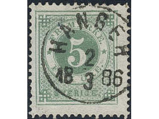 Sweden. Facit 30f, F county. HÅNGER 2.3.1886. Superb cancellation. One short perf.