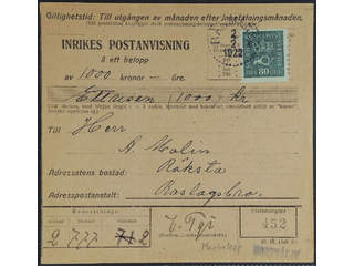 Sweden. Facit 165 cover , 80 öre on money order with the maximum amount 1000 kr, sent …