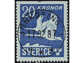 Sweden. Facit 337B used , 1953 Flying Swans 20 Kr blue, perf at three sides. EXCELLENT …