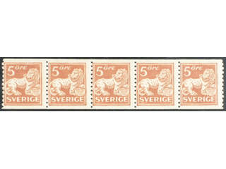 Sweden. Facit 142Acx ★★ , 5 öre brown-red, type II with watermark lines in strip of …