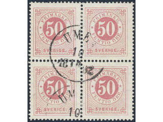 Sweden. Facit 36 used , 50 öre in block of four cancelled UMEÅ 10.10.1882. Two short …