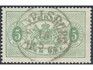 Sweden. Official Facit Tj14 used , 5 öre green perf 13. EXCELLENT cancellation KARLSBORG …