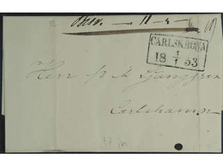 Sweden. K county. CARLSKRONA 4.1.1853, rectangular postmark. Type 7 on letter sent to …